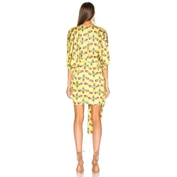 PatBo Asymmetrical Belted Floral Mini Dress Puff Sleeves Satin Yellow Size 4 - Picture 4 of 15